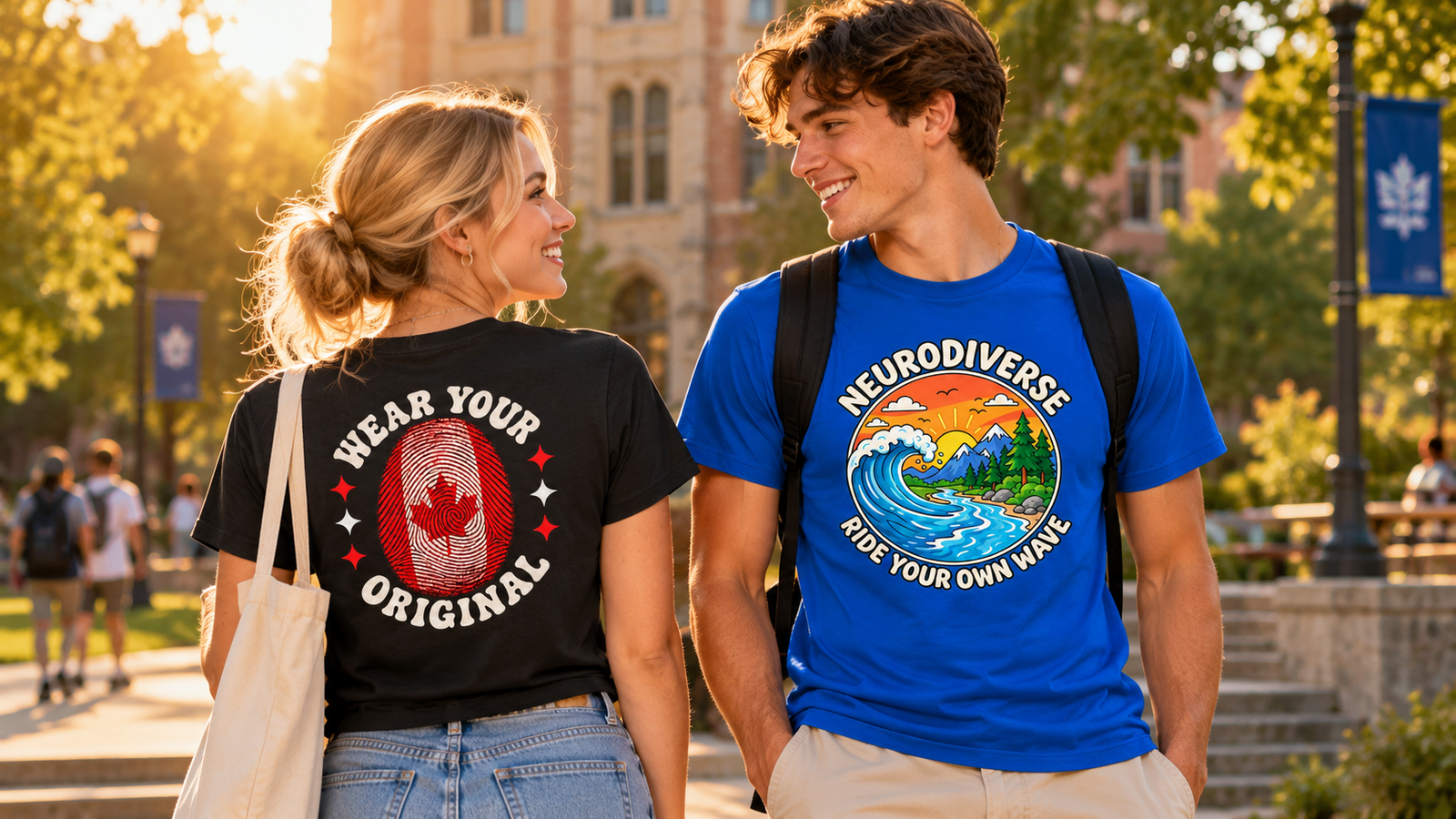 Young adults wearing NUROSTARS neurodiversity-inspired shirts on a college campus