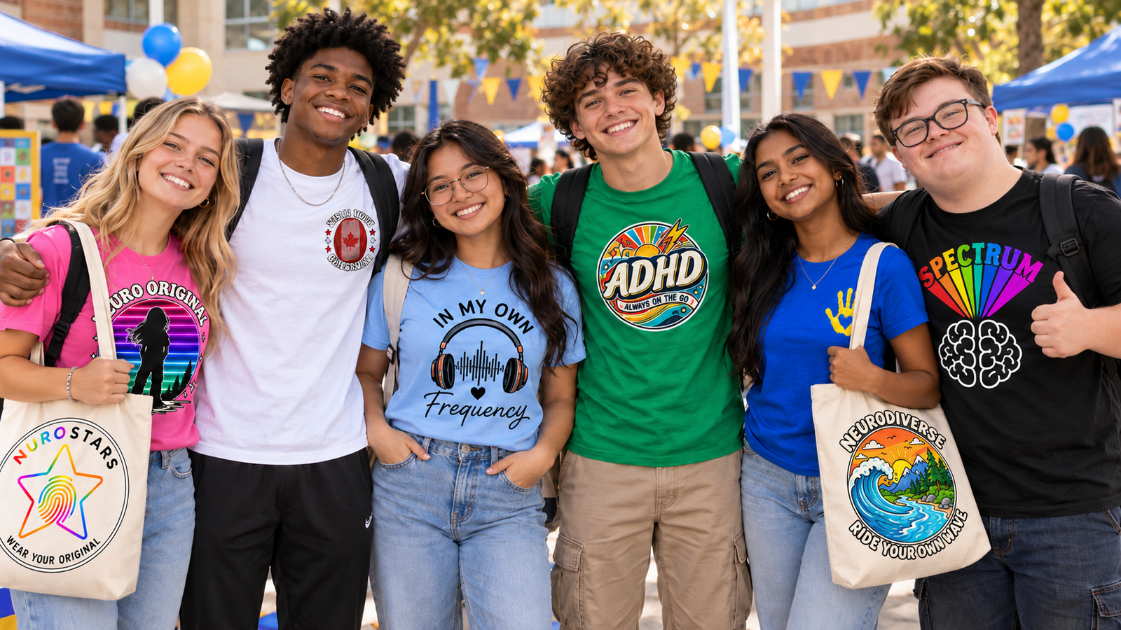 Young people wearing NUROSTARS neurodiversity-inspired shirts and carrying NUROSTARS tote bags