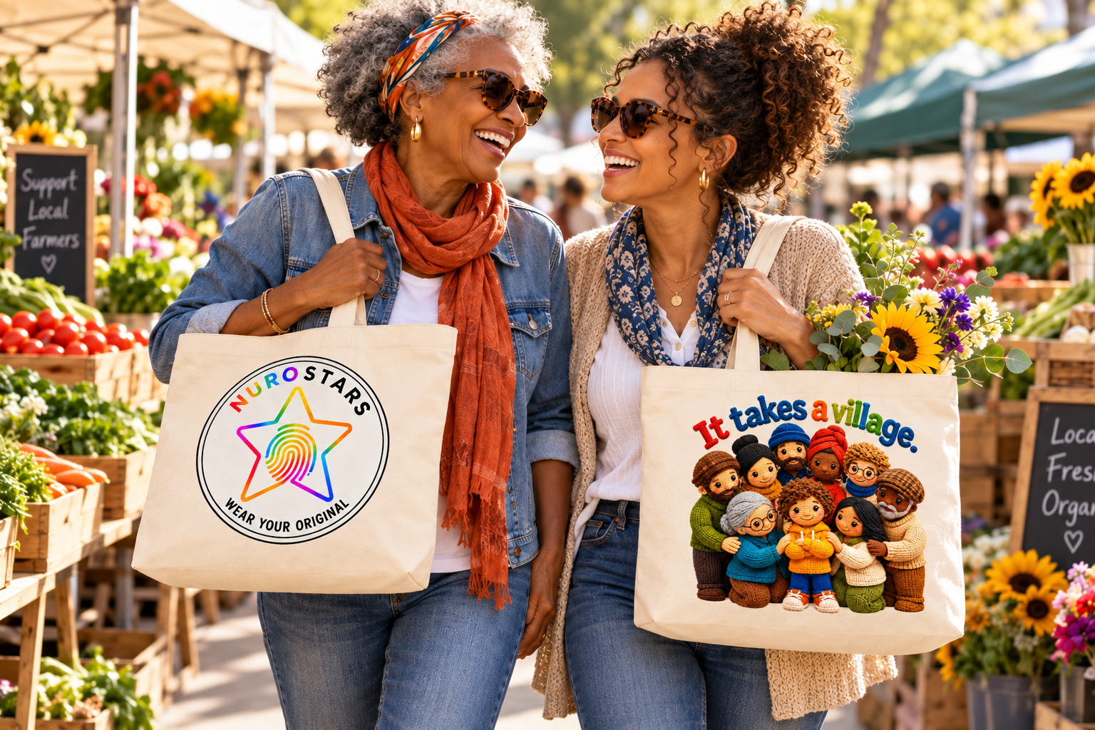 Two women carrying NUROSTARS tote bags at an outdoor market